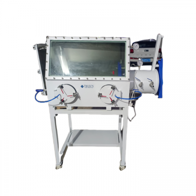 กล่องถุงมือสูญญากาศสแตนเลสสำหรับห้องปฏิบัติการพร้อมชั้นวาง